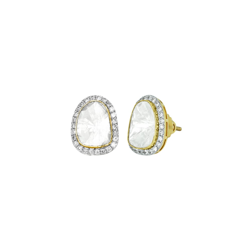 Polki Stud Earrings with Fine-Cut Diamond Halo Border